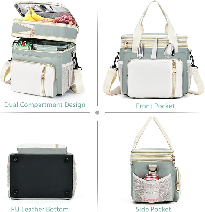 LOKASS Lunch Box for Women, 16L, Double Deck Expandable Insulated Lunch box For Adults/Women Thermal Large Waterproof Leakproof Cooler Bag with Shoulder Strap - Grey Green