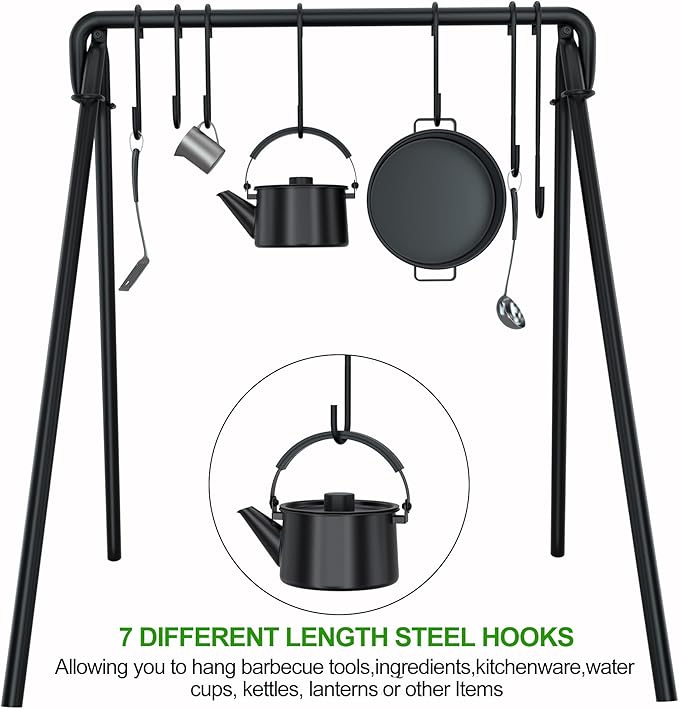 38" Grill Swing Large Campfire Grill Stand w/6 Hooks Cast Iron BBQ Grill Campfire Cooking Stand Cookware Hanging Rack Outdoor Picnic Camping Bonfire Party Barbecue Set for Cookware & Dutch Oven