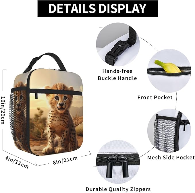 SARA NELL Cute Cheetah Insulated Lunch Bag Baby Cheetah Lunch Box for Women Men Teens Kids, Reusable Lunch Tote Bag, Leakproof Thermal Insulated Lunch Bags for Work, Picnic, School or Travel