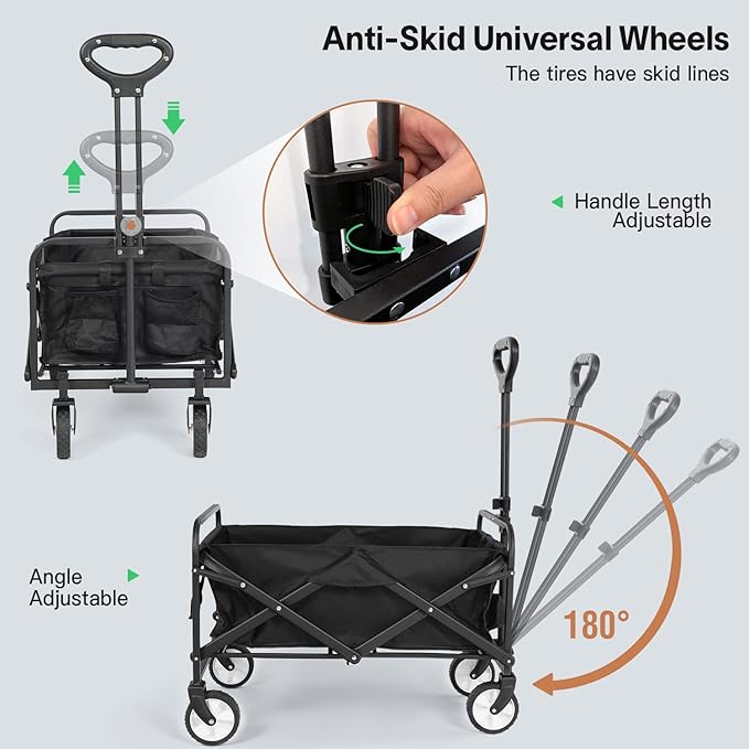 LUBBYGIM Collapsible Folding Wagon with Large Capacity, Utility Wagon Cart Heavy Duty Foldable, Portable Garden Cart for Beach Camping Shopping Sports (Black, 1 Year Warranty)