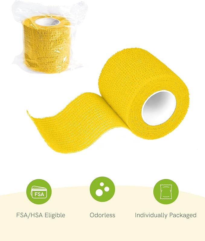 FriCARE Self Adhesive Bandage Wrap, Medical Tape in First Aid Kit, Cohesive Bandages for Wounds Sport Vet, FSA/HSA Eligible, 2 Inches X 5 Yards 6 Rolls, Yellow