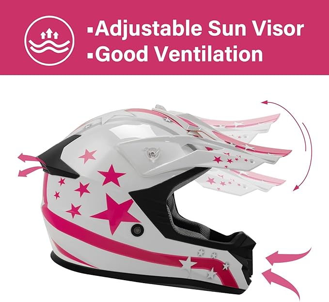TCT-MOTORPARTS DOT Four Wheeler Girls Riding Helmet Youth Kids Motocross ATV Helmets Offroad Street Dirt Bike Go-Kart BMX MX Full Face Helmet Pink Star Large Size
