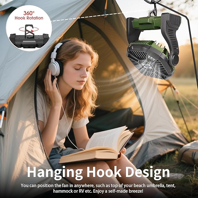 CONBOLA 25400mAh,Camping Fan, Portable Fans Rechargeable 9-Inch Battery Powered (180Hrs) LED Lantern, USB C Battery Beach Fan.