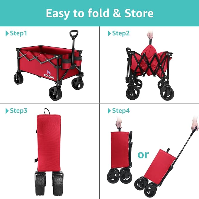 Folding Wagon Cart with Wheels Foldable - Collapsible Wagons Carts Heavy Duty, Fold Up Portable Utility Wagon for Grocery Beach Sports Fishing Camping Shopping Wine red
