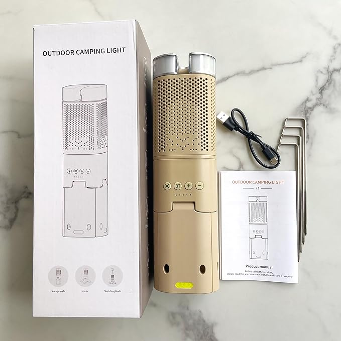 Camping Lantern, 14000mAh Rechargeable Telescopic Camping Lights Built-in Magnetic Stand with Speaker, Portable Waterproof Outdoor LED Flashlight for Emergency, Hiking, Camping, Fishing -Khaki