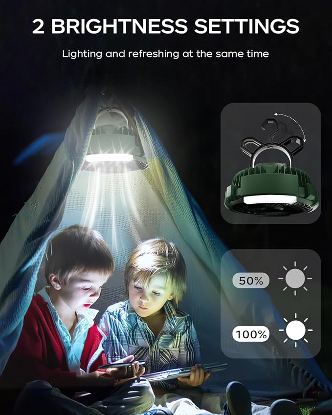 Camping Fan with LED Lantern, 6000mAh Battery Operated Rechargeable Fan, 3 Speeds,180° Rotation, Portable Desk Fan with Hanging Hook, Tent Fan for Travel Camping Outdoor Fishing