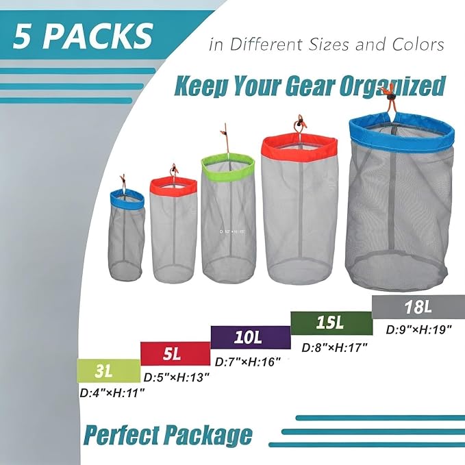 Small to XXlarge 5 Pcs Drawstring Mesh Stuff Sack, Ditty Bags Storage Pouch Bags Sleeping Bag for Travel Camping Hiking, Ultralight, Set of 5