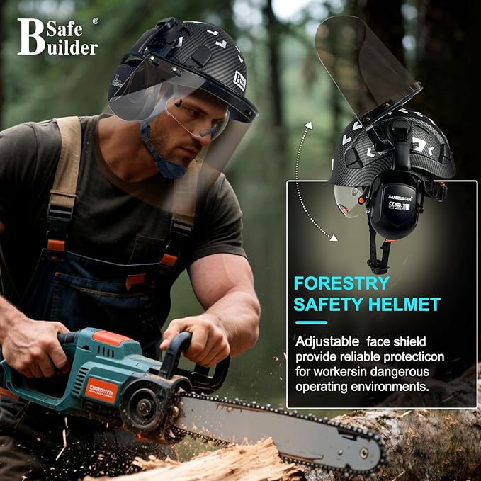 Forestry Safety Helmet with Build-in Visor Mesh Face Shield Ear Muffs 4 in 1 Chainsaw Safety Hard Hats