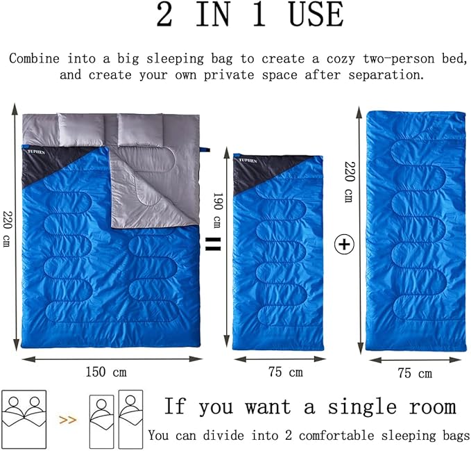 Tuphen Double Sleeping Bag, Sleeping Bag with 2 Pillows, Queen Size XL Bag for 2 People, Cold Warm Weather- 3 Seasons, Waterproof Adults for Camping, Backpacking or Hiking