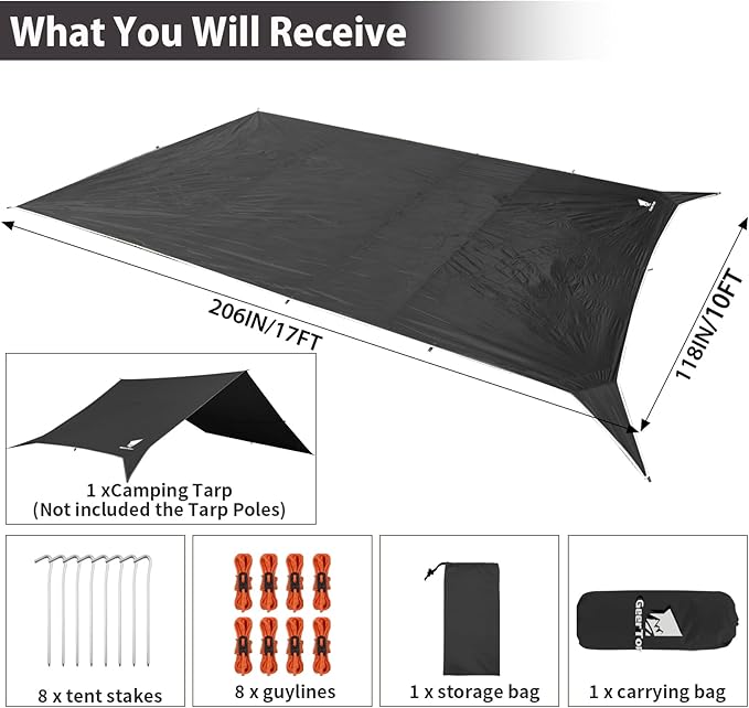 GEERTOP Large 17 x 10 ft Tarp Waterproof Portable Hammock Rain Fly Outdoor Awning Backpacking Tarp Shelter for Camping Traveling
