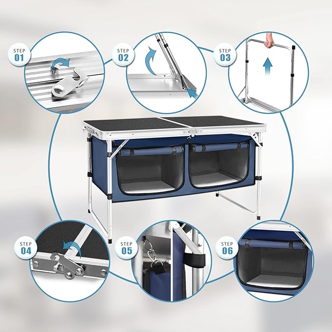 Folding Camping Table with Storage Compartment Aluminum Lightweight Camp Kitchen Table Height Adjustable Indoor/Outdoor Table Perfect for Tailgating, Backyards, BBQ, Picnic (Black-Wide W/Stool)