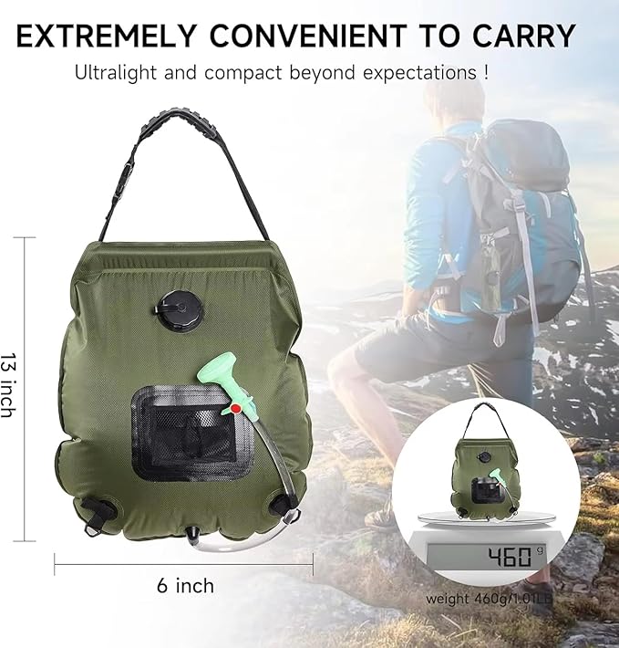Solar Portable 5 Gal/20L Heating Removable Hose & On-Off Switchable Compact Shower Bag for Camping Hiking Traveling Beach Swimming