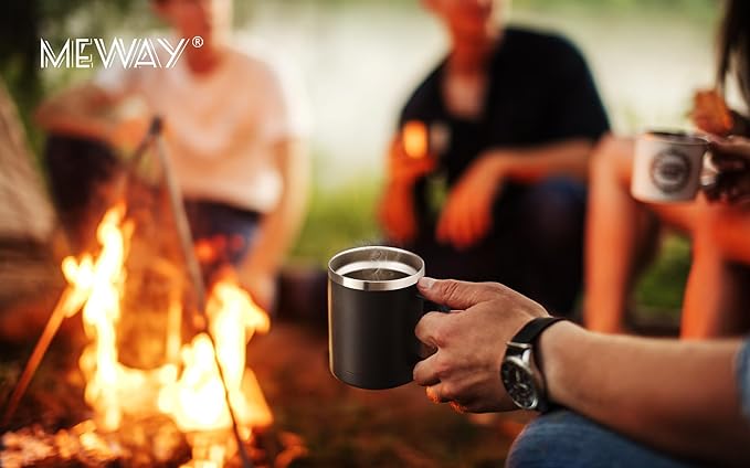 MEWAY 12oz Coffee Mug With Handle and Sliding Lid,Stainless Steel Travel Tumbler Cup with Handle,Double Wall Vacuum Insulated Camping Cup for Hot & Cold Drinks Tea (Black,Set of 1