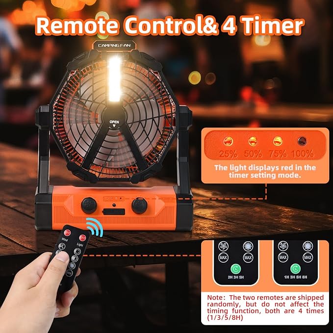 Camping Fan Ventilador Recargable 20000mAh Battery Operated With LED Lantern/Hook/Remote Auto Oscillating 60 Hrs Work Cordless Tent Fan for Emergency, Camping, Outdoor
