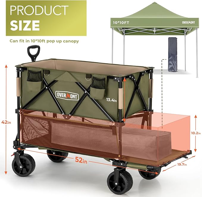 Overmont 400L Foldable Double Decker Wagon - Large Capacity Collapsible Wagon Cart- 52" Extra Long Extender - All-Terrain Big Wheels for Camping Sports School Season, Support Up to 450lbs