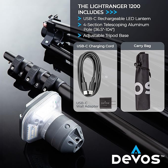 DEVOS - LightRanger 1200 Telescoping Camp Light, 9 ft Tall with 1200 lumens, Rechargeable LED Lantern, Up to 80-Hour Runtime, 1-Year Warranty, Includes Carry Case