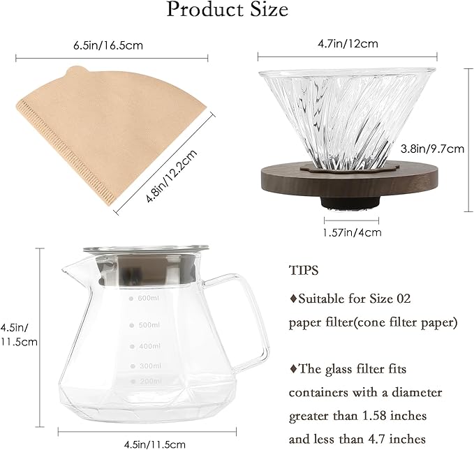 Pour Over Coffee Maker, 20 oz Borosilicate Glass Carafe with 100 pcs V60 Paper Filter by Gsform, Walnut Handle & Glass Lid, Drip Coffee Maker for Home Café Restaurant Camping, 600 ml, Clear