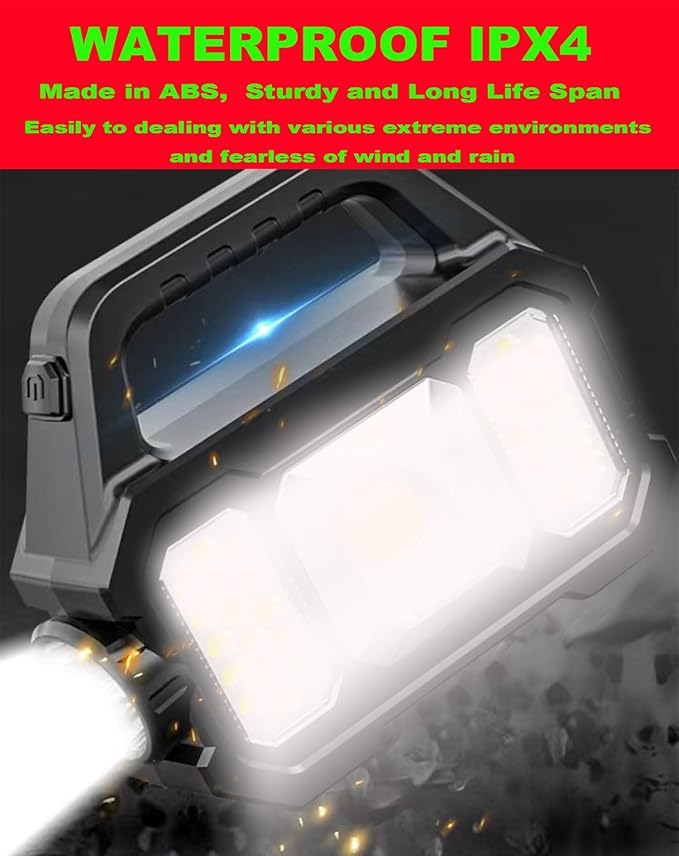 Solar Rechargeable LED Spotlight Flashlight, Super Bright 6000LM Handheld LED Searchlight, Multi-functional Portable Lamp Camping Lantern Flashlight, 6 Light Modes, Power Bank, IPX4 Waterproof