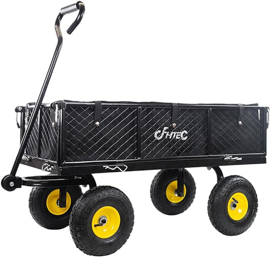 Garden Cart Heavy Duty 300KG Utility Wagon Cart with Removable Black Mesh Sides, Great for Garden, Farm, Yard, Lawn, Deformable Steel Garden Wagon Cart with 10" 3.50-4 Wheels and Oxford Liner