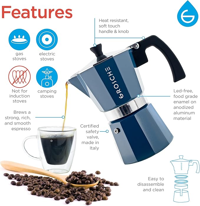 GROSCHE Milano Stovetop Espresso Maker Moka Pot 9 Espresso Cup, 15.2 oz, Blue. Stove top Coffee Maker Moka Italian Espresso greca Coffee Maker Brewer Percolator