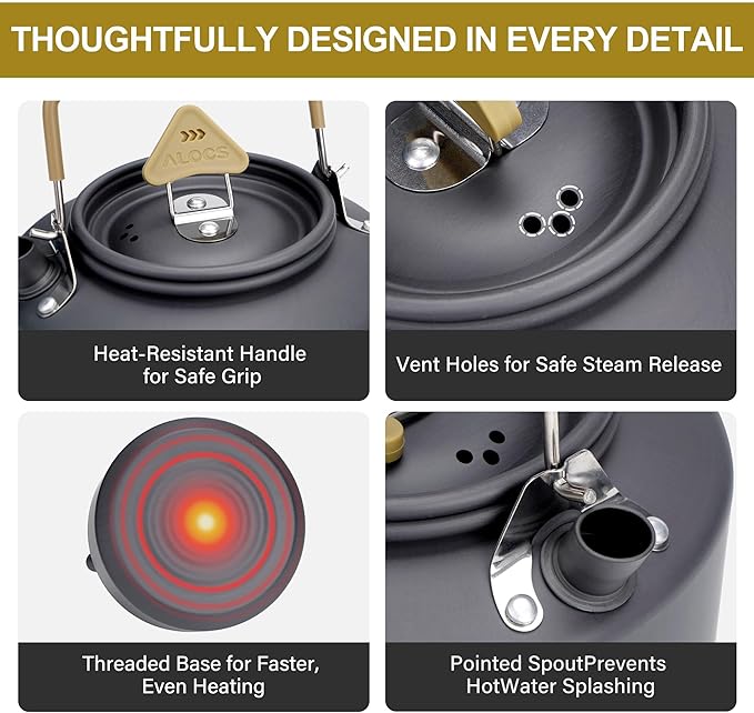 Alocs Camping Kettle - 1L Mini Camp Kettle - Portable Camping Tea Kettle - Lightweight Aluminum Camping Coffee Pot with Carry Bag for Outdoor Hiking Picnic Traveling and Backpacking