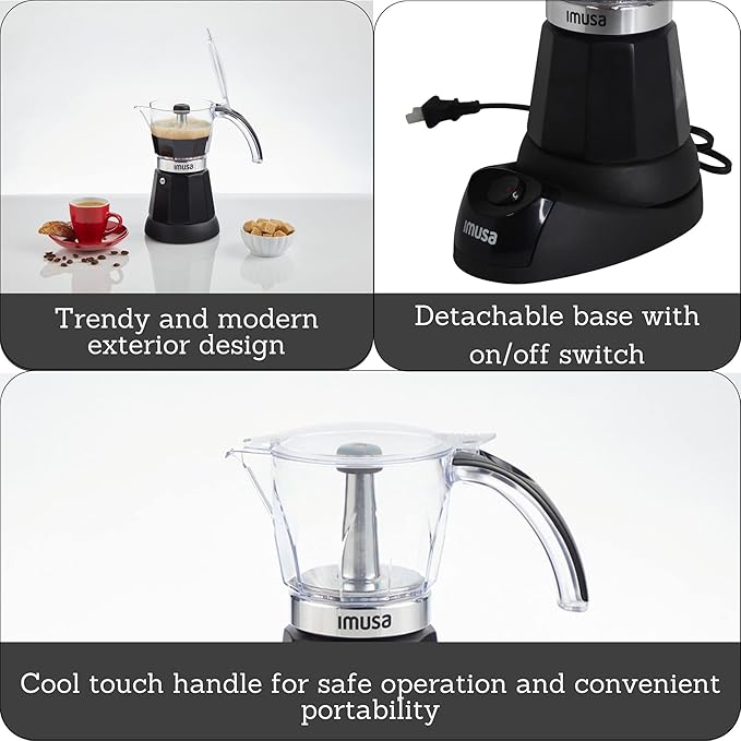 Imusa 6 or 3 Cup Electric Espresso Maker Black Coffee Machine for Cuban Coffee, Moka and Espresso Drinks
