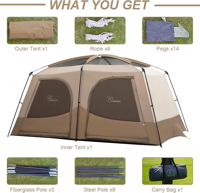 Vidalido Tents,6-8 Person Camping Tent with Extended Vestibule,2 Room Weather Resistant Family Tents,Easy Install Waterproof Outdoor Tent for Backpacking and Camping Hiking