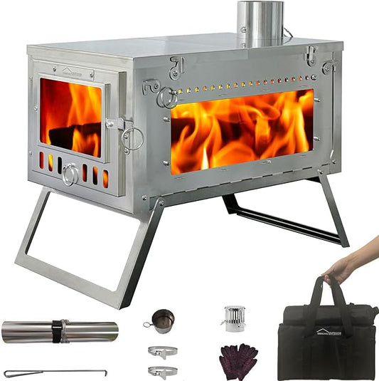 DANCHEL OUTDOOR S6/SSG Folding Camping Stove, 304 Stainless Steel Wood Burning Stove with 7.2ft Chimney, Portable Hot Tent Stove Solo Camping Survival Backpacking, Lightweight & Compact Design