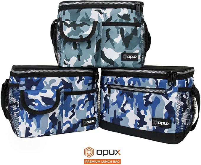 opux Insulated Lunch Bag for Men Women, Leakproof Camo Blue Lunch Box for Work, Portable Soft Lunch Cooler Bag with Shoulder Strap, Adult Lunchbox Lunch Pail for Kid Boy Girl School, 14 Can/8L