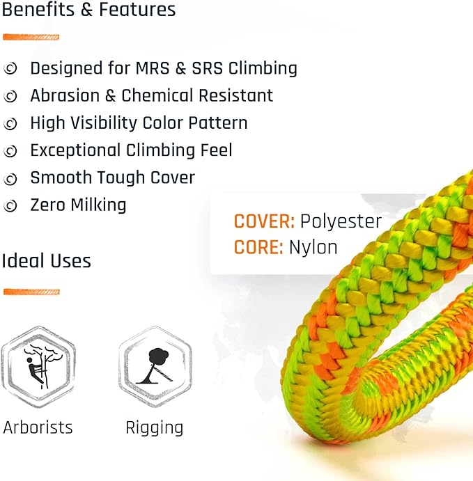 Pelican Rope Arborist Rope 11.8mm x 120Ft, USA Made High-Strength 24-Strands Static Climbing Rope - 7,000 lb Strength for Tree Climbing, Pulling, Outdoors & Swing - Viper, Plain End