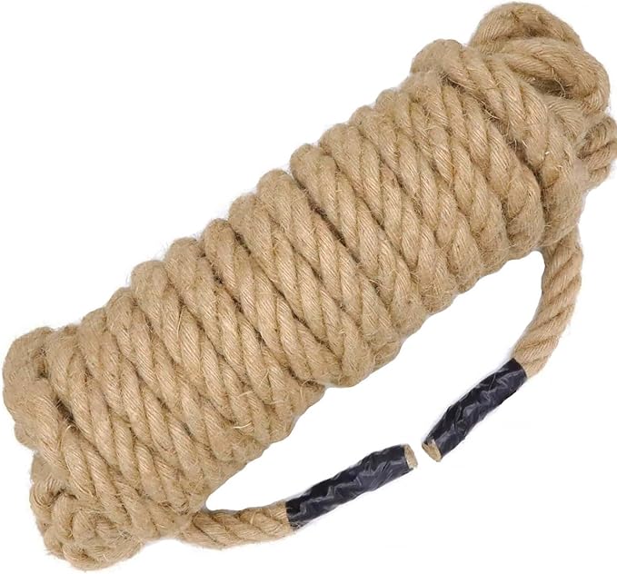 1 Inch x 20 Feet Natural Jute Rope Thick Hemp Rope, 4 Strands Twisted Manila for Docks, Nautical, Raliings, Hanging Swing, Decorating, Indoor/Outdoor Use