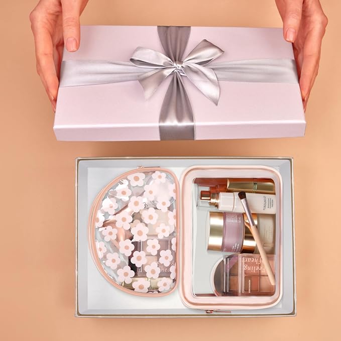 PACKISM TSA Approved Toiletry Bag - Rose Pink Flower Print Clear Shell Bag and Upgrade Color-Edged Quart Size Bag, Perfect for On the Go or Travel, Lightweight and Robust, 2 Pack