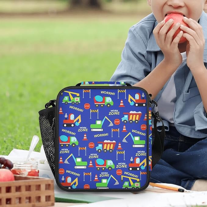 Insulated Lunch Bag for Boys - Reusable Lunch Box Water-Resistant Thermal Cooler Meal Tote Bag with Water Bottle Holder for School Picnic Travel (Construction Trucks)