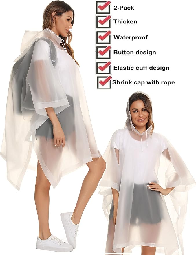 Reusable Rain Ponchos with Drawstring Hood for Adults, Waterproof Thicken Rain Coat, 2 Packs