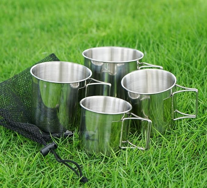 Camping Campfire Mug with Handle, Folding Big Stainless Steel Cup 4 Piece Set Backpacking Gear for Hiking, Hunting, Fishing and Survival Adventure.