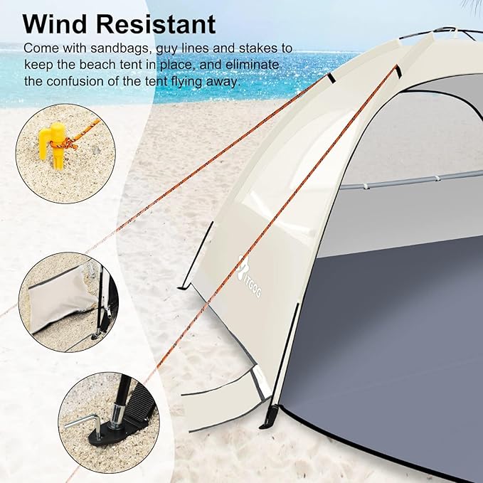 Beach Tent Sun Shelter for 3-4Person, Lightweight Beach Tent with UV Protection, 3 Mesh Roll Up Windows & 8.0mm Fiberglass, Easy Assemble