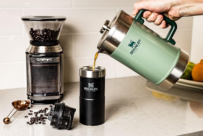 Stanley Classic Stay-Hot French Press Coffee Maker 48 oz | 5 Minute Brew, 4 Hours Hot | Mesh Filter for Coffee Grounds | Insulated Stainless Steel French Press | BPA-Free | Hammertone Green