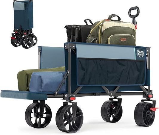 TIMBER RIDGE 47" L Collapsible Wagon with Tailgate & Brake, 300lbs Heavy Duty Beach Wagon with All-Terrain Big Wheels, 250L Foldable Utility Cart for Sand Camping Sports Shopping, Blue