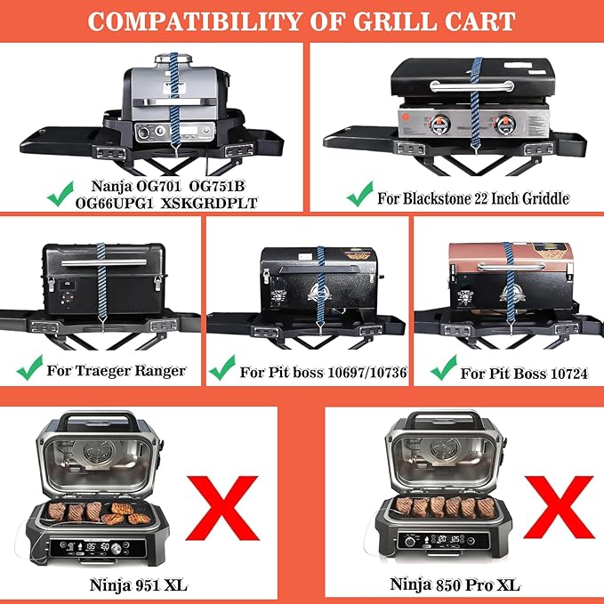 GRISUN Foldable Grill Cart for Ninja OG700–OG750 & Blackstone 22" | Portable BBQ Stand with Wheels, Side Table & Storage Basket