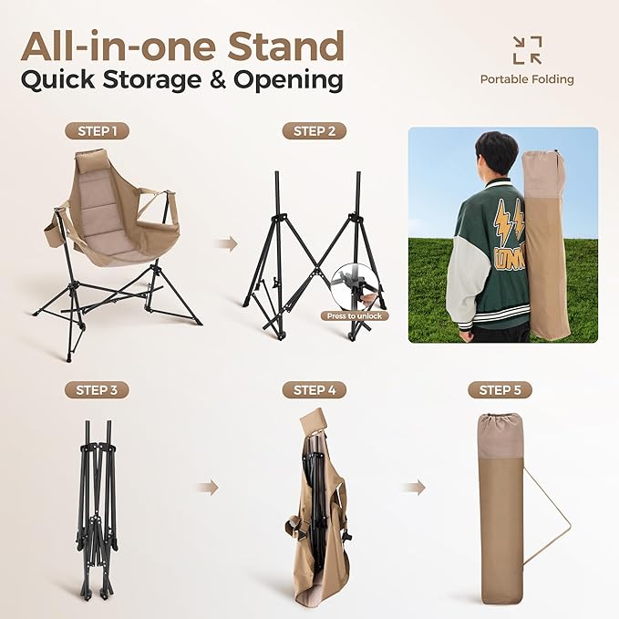 ALPHA CAMP Hammock Folding Rocking Chair with Cup Drink Holder, High Back Padded Swinging Chair for Outdoor,Camping, Lawn,Backyard,Picnic, Steel, Heavy Duty Portable Oversized(Khaki)