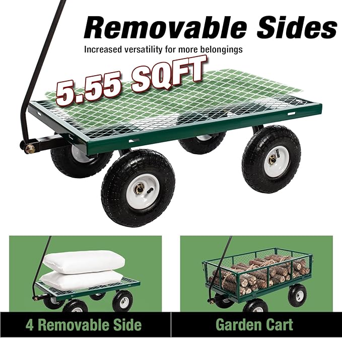 Heavy Duty Steel 900Lbs Wagon Garden Carts, Utility Pullable with Removable Folding Sides, All Terrain Wagons for Outdoor, Garden, Farm, Yard, Green-43" x 21"x 21" inch