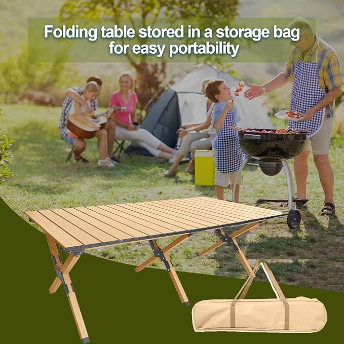Folding Camping Table, Roll-Up Folding Table with Carry Bag, Portable Aluminum Picnic Table, Low Height Beach Table for Outdoor Use, Travel, BBQ & Hiking, Easy Assembly (Natural)