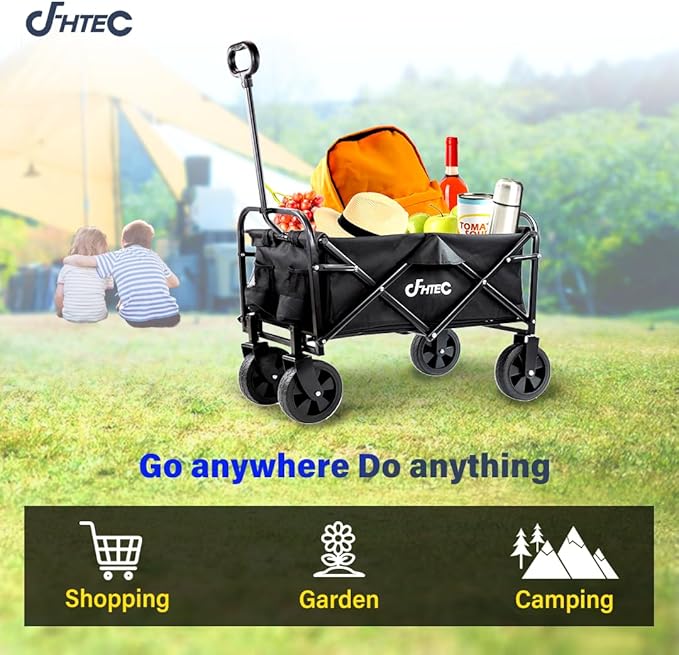 Collapsible Wagon Cart Black Foldable Utility Cart for Shopping, Camping, Sports and Garden, 100lbs Mini Home Folding Wagon Cart