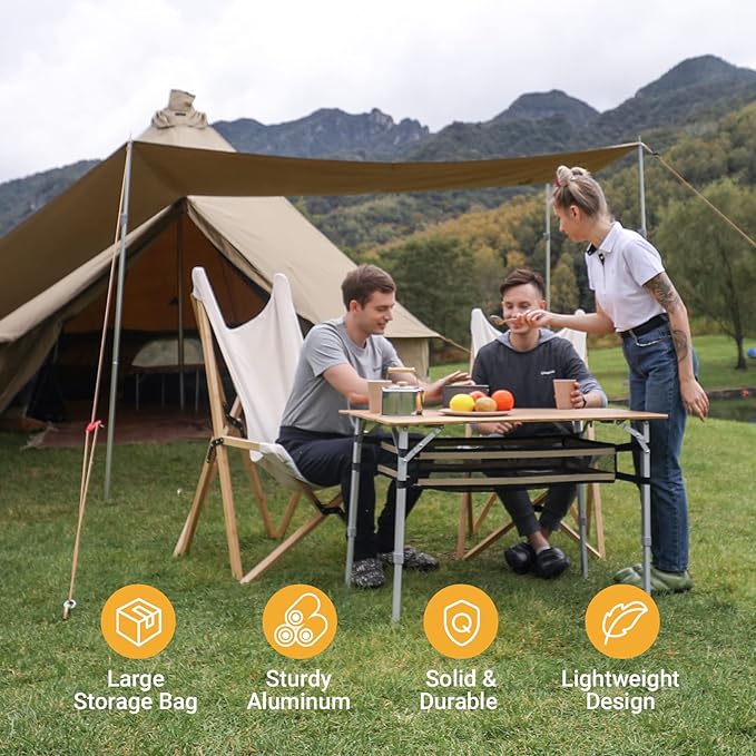 KingCamp Bamboo Folding Table Camping Table with Large Storage Bag Adjustable Height Aluminum Legs Heavy Duty 176 lbs 4-Fold Portable Camp Tables for Travel, Picnic, RV, 4-5 People