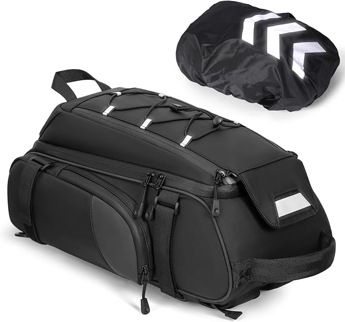 RAINSMORE Bike Bags for Bicycle Rear Rack 15L Waterproof Bike Ebike Trunk Pannier Saddle Bag with Rain Cover Bike Accessories Backpack Shoulder Bag for Commuter Travel Outdoor, Black