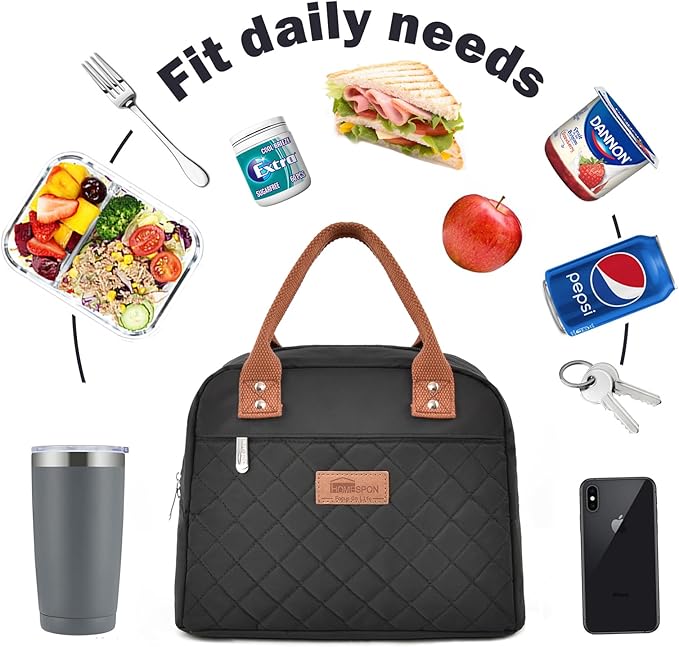 HOMESPON Insulated Lunch Bag for Women Men Adults Lunch Tote with Front Pocket Lunch Box Container Cooler Bag for Work Picnic (Black with Side Pockets)