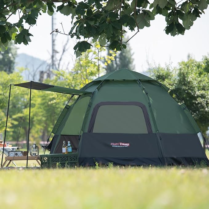 Instant Camping Tent for 4 Person,2 Mesh Windows & 2 Doors,Hexagonal Design,Easy Set Up pop up Tent with Vestibule & Rainfly, Ideal for Family Camp, Outdoor Activity