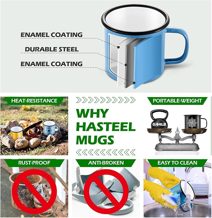 HaSteeL Camping Enamel Mug Set of 6, 16oz/455ml Coffee Cup with Pattern for Milk Tea Beer Drinking, Portable for Home Office Campfire Travel Hiking Backpack Indoor & Outdoor, Light-weight & Durable