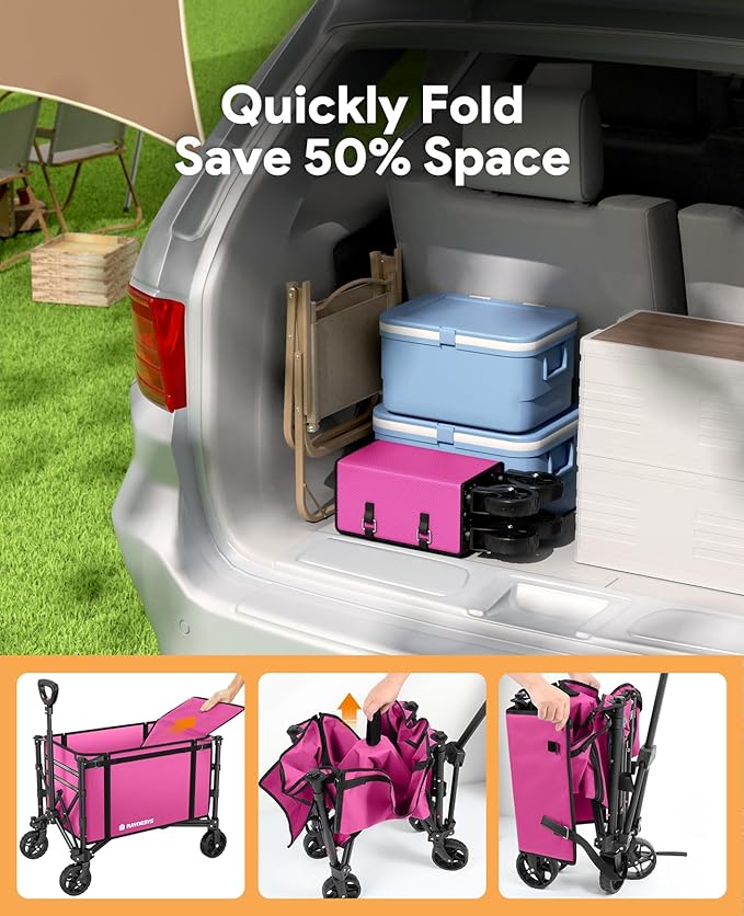 3 in 1 Collapsible Wagon Converts to Bench, 220lbs Foldable Wagon Cart with Wheels, 120L Shopping Cart for Groceries Folding Utility Wagon for Beach, Garden, Camping, Sport, Wheelbarrows, Pink