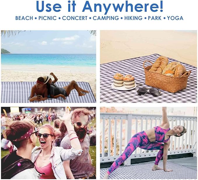 Picnic Beach Blanket Extra Large, XL Sandproof Waterproof Outdoor Camping Blankets 80x60in, Sand Free Oversized Mat, Quick Drying Portable Mats for Travel, Hiking, Music Festival, Lawn-Dark Blue